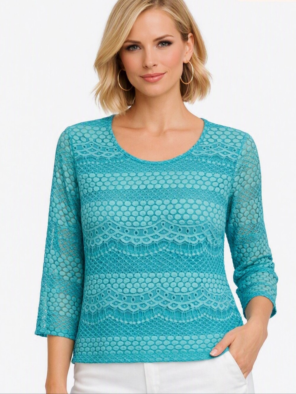 Cathy Daniels Teal Lace Crochet 3/4 Sleeve Top Medium